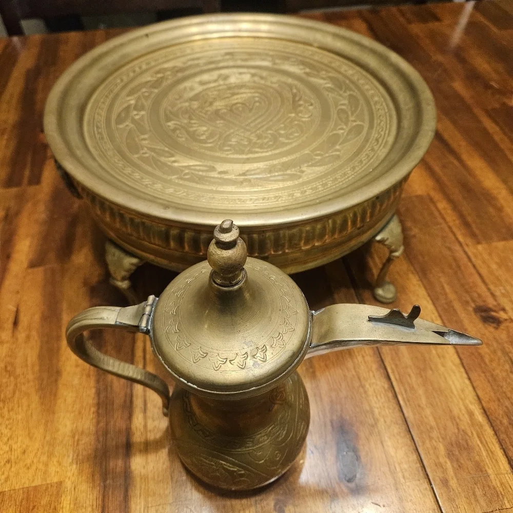 Brass Tea Set Arabian Jewish Coffee Pot Antique Set of 11 Cups w/ Tray Tea Pot